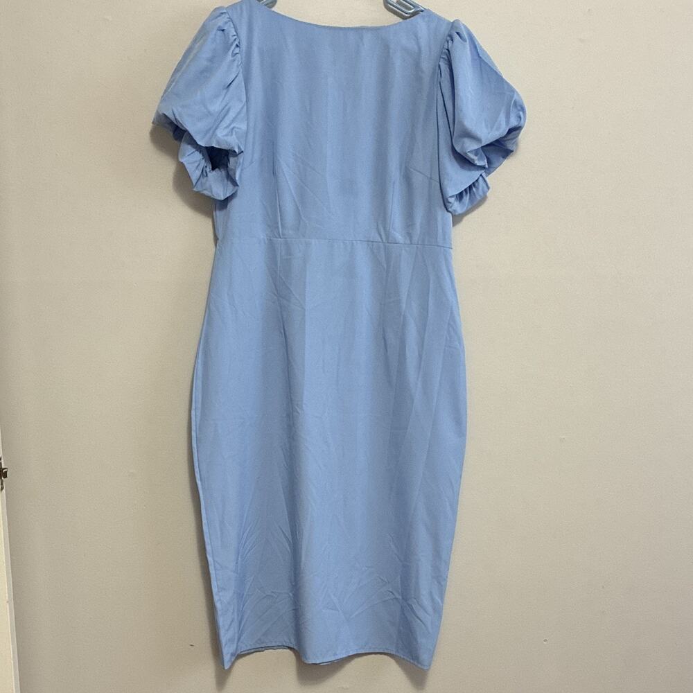 Light Blue Puff Sleeve Sheath Dress Midi XL Cottagecore Brunch Wedding Guest